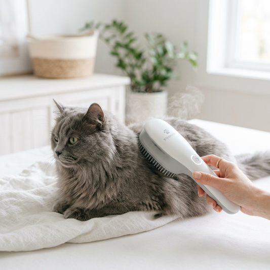 Electric cat steam grooming brush in use on a fluffy cat
